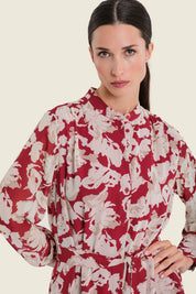 Blusenkleid mit Blumendruck und Bindegürtel, Aquarellblüten