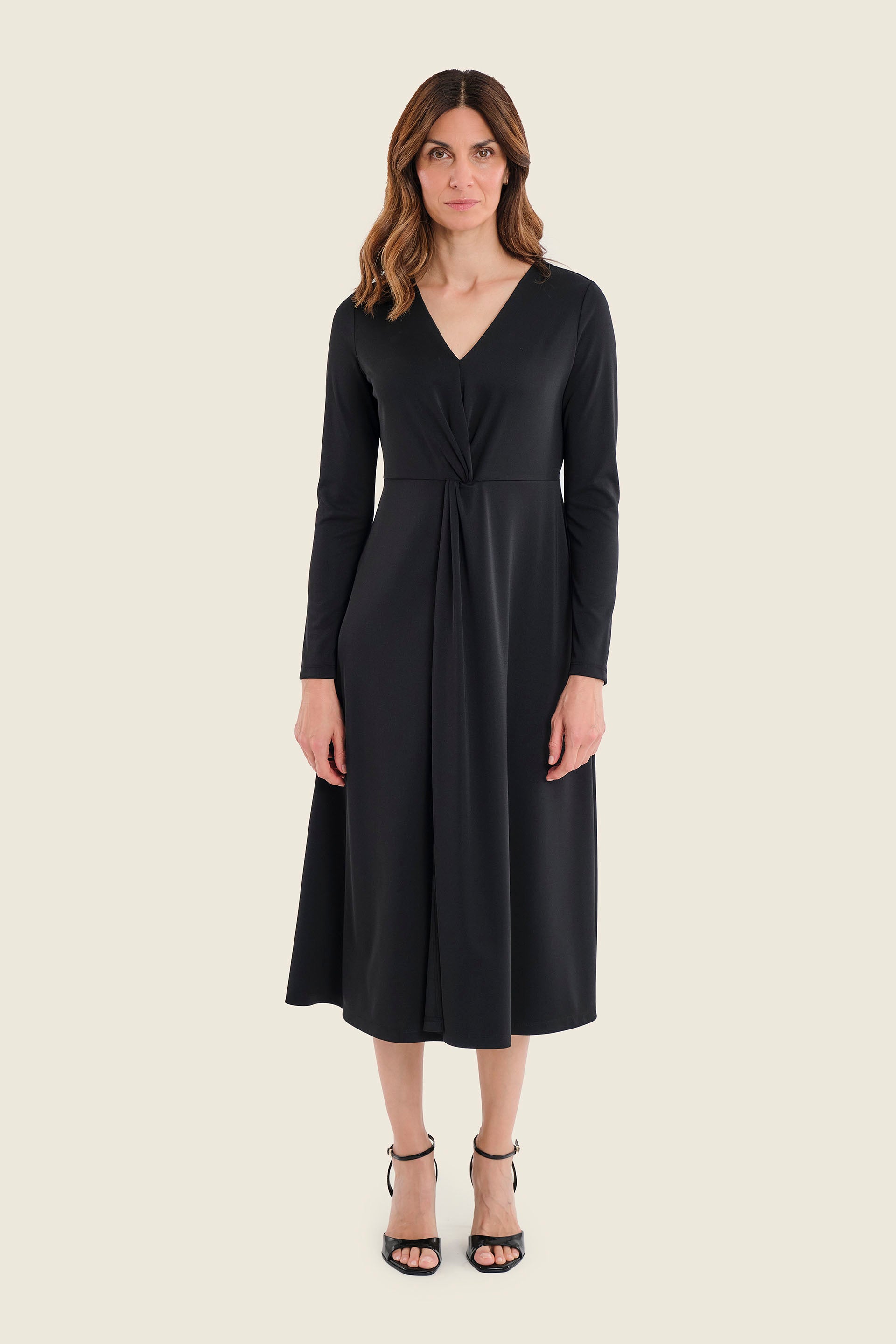 Midikleid mit V-Ausschnitt und Knotendetail, Schwarz